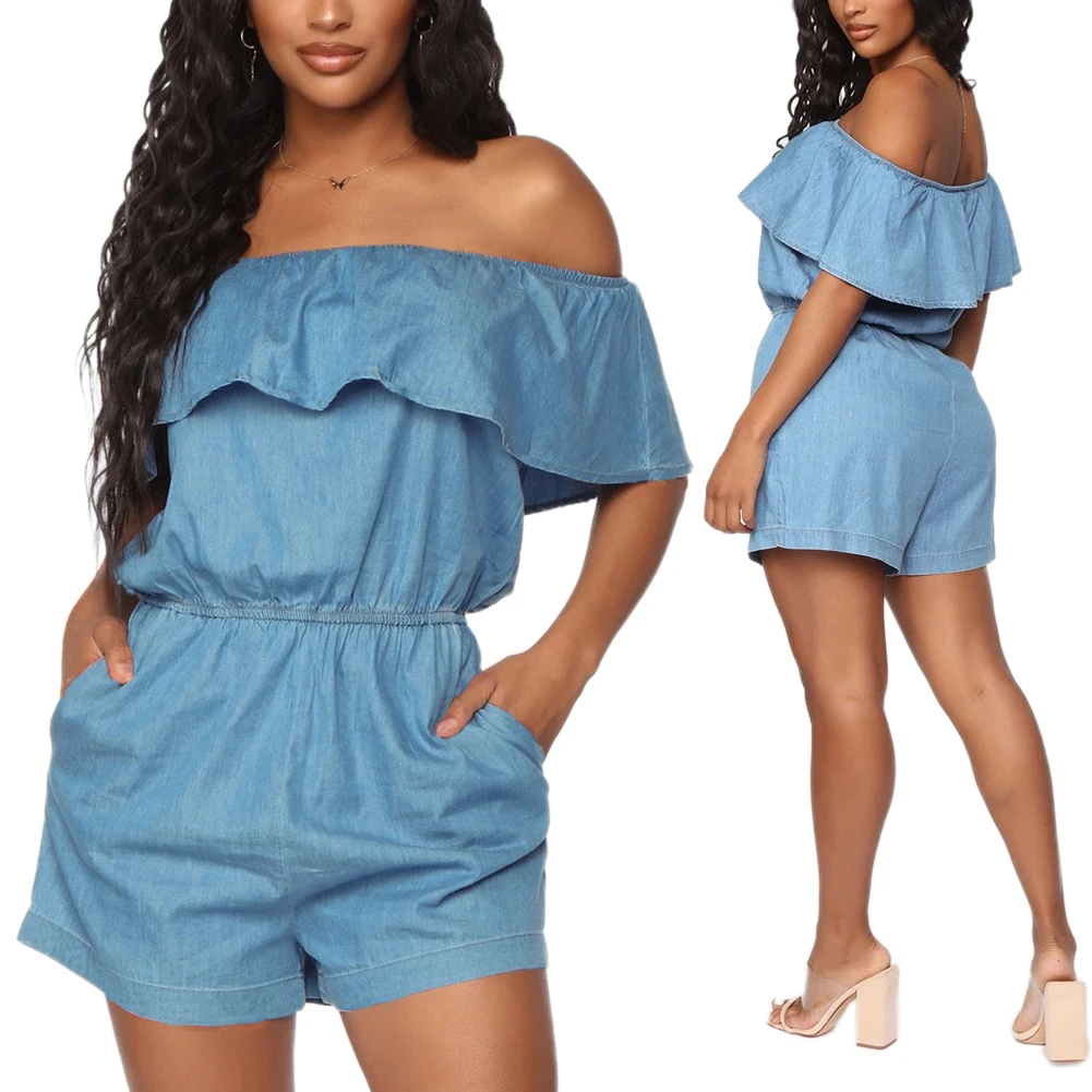 

Imcute Strapless Off Shoulder Ruffles Playsuit Sexy Sleeveless Women Denim Look Summer High Waist Loose Jumpsuit Shorts Rompers