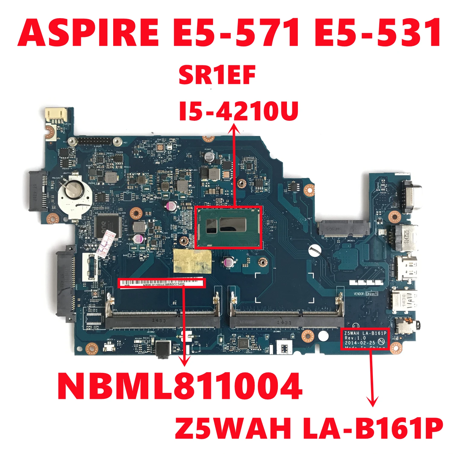 Материнская плата NBML811004 NB.ML811.004 для ноутбука Acer ASPIRE E5-571 E5-531 материнская Z5WAH LA-B161P с