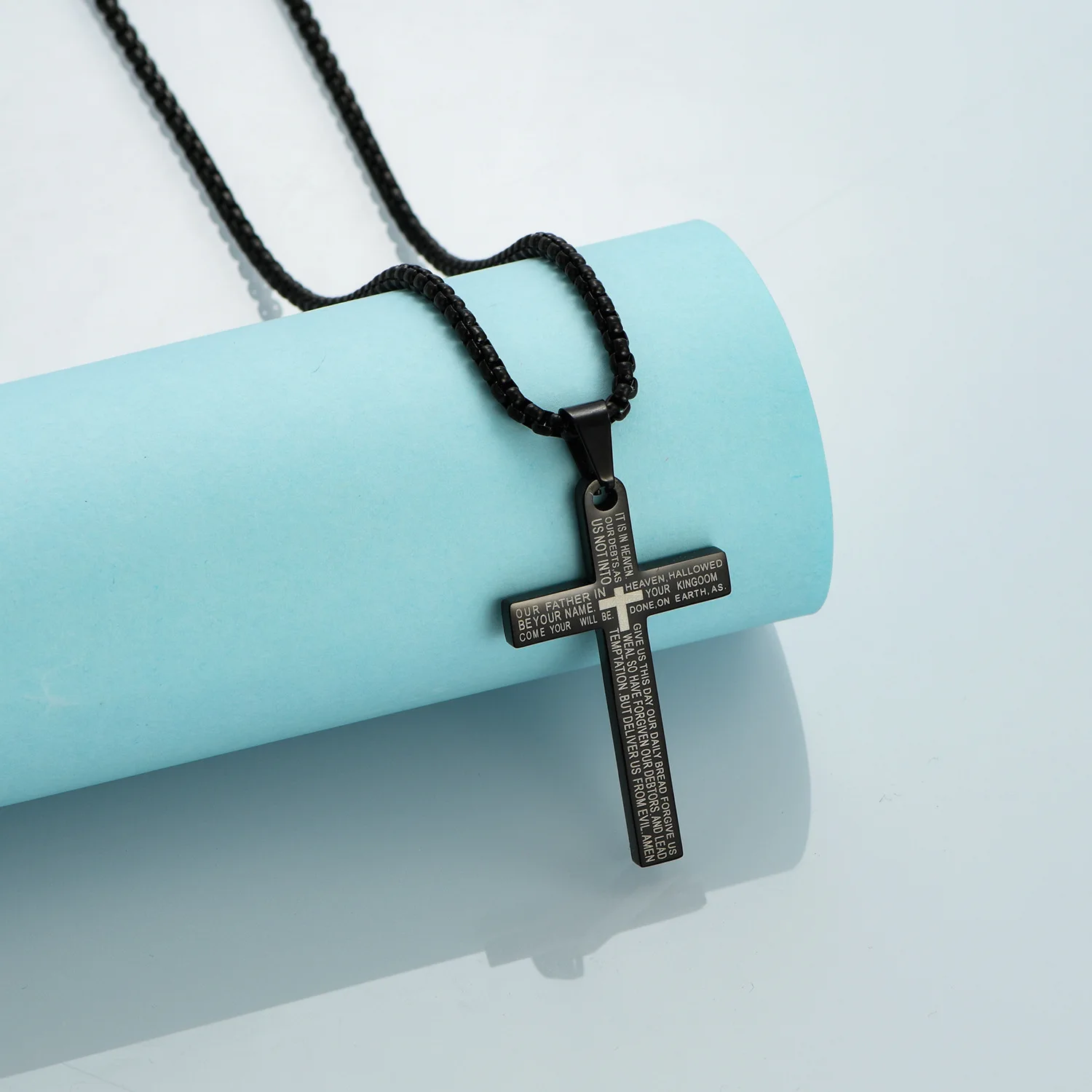 

Christian Jesus Single Titanium Scripture Cross Necklace Stainless Steel Black Prayer Choker Cross Women Men Pendants