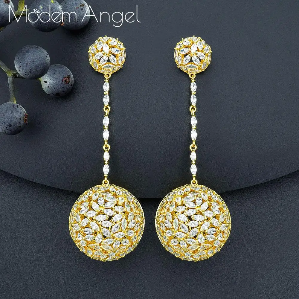 Gold ModemAngel 75 мм, роскошные брендовые длинные серьги с большим шариком и кубическими цирконами, медные женские свадебные аксессуары - Окраска металла: Gold