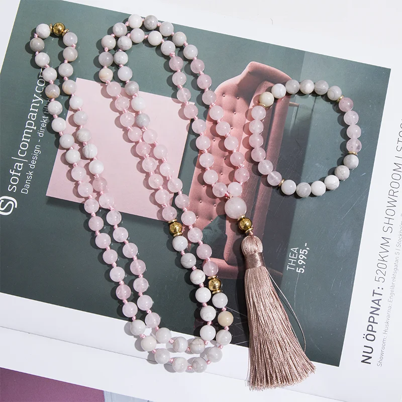 

8mm Rose Quartz White Crazy Agate Beads Knotted 108 Japamala Necklace Meditation Yoga Blessing Jewelry Tibetan Rosary Set