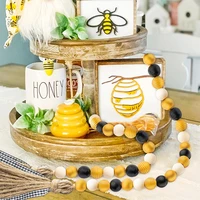 bee wood beads garland tassel honey bee patterns garland farmhouse rustic beads with jute rope plaid tassel decorations