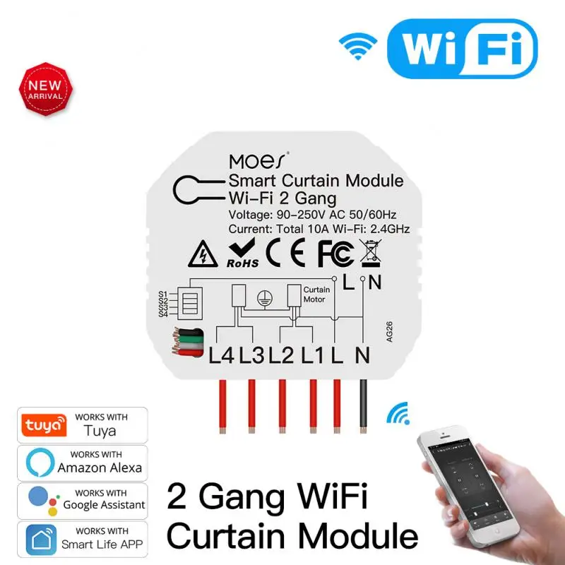 

Tuya Smart Roller Shutter Electric Motor WiFi 2 Gang Double Curtain Blind Switch Module Work With Google Home Smart Life App