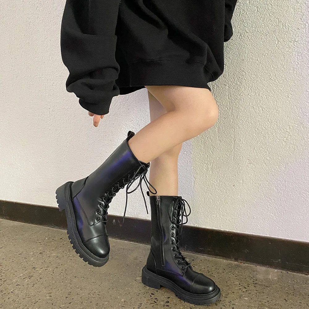 Women Ankle Boots Leather Soft Fashion Platform Motorcycle Boot Footwear Lace Up Ladies  Botas De Mujer 2021 Autumn New