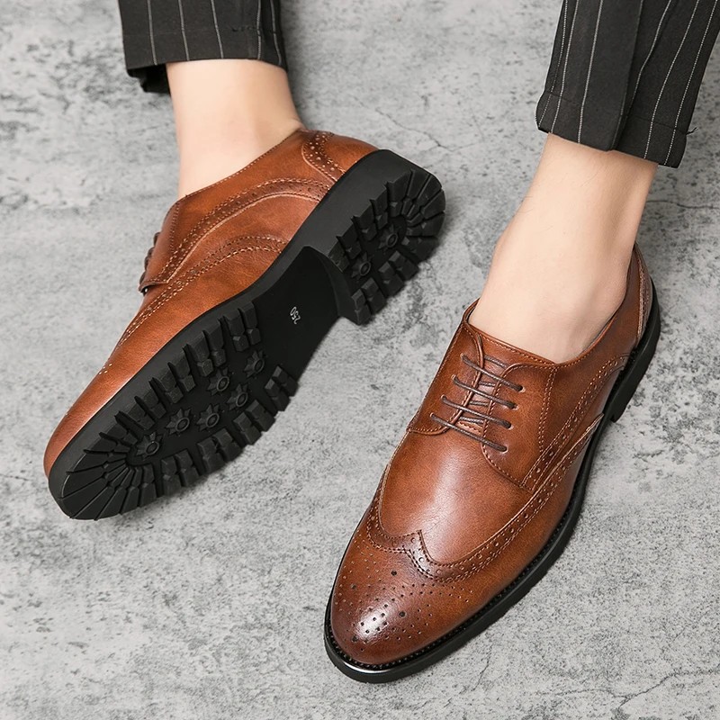 

Mens Brown Lace-up Formal Dress Brogue Shoes Large Size Round Toe Comfort Business Wedding Groom Party Leather Gentleman Shoes