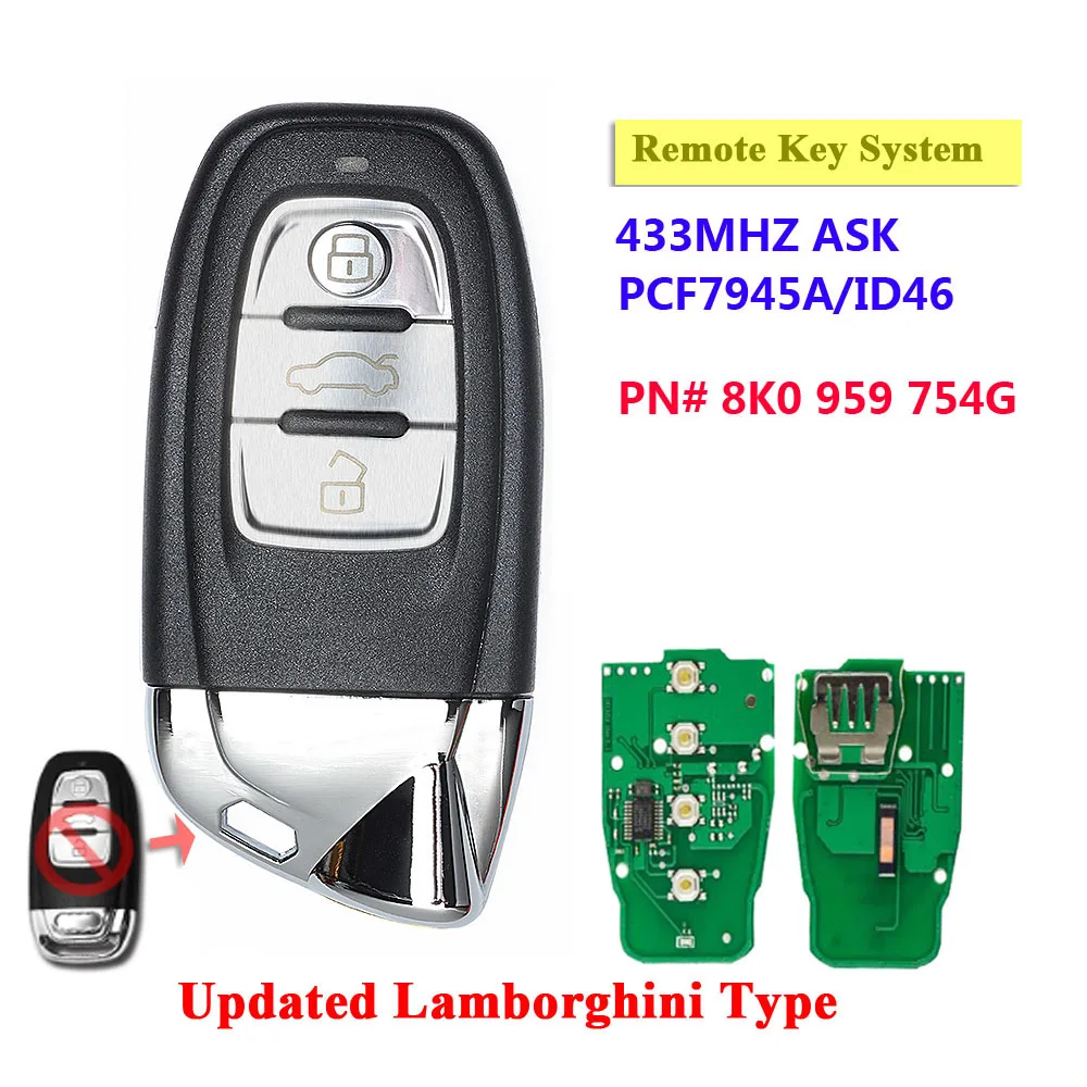 

For Audi 3 Button Card 433MHZ 8t0959754C REMODLING