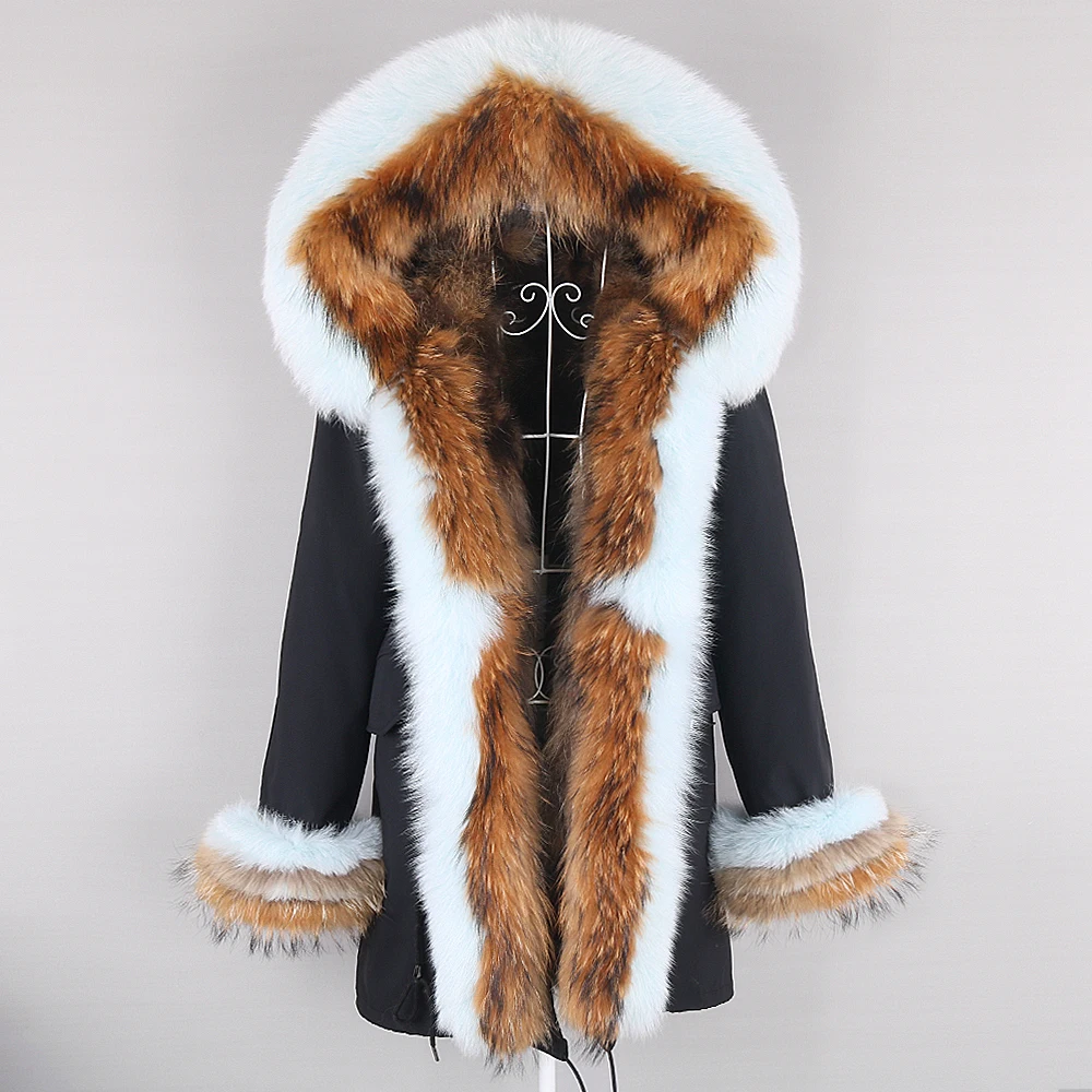 Women Winter Real Fur Coat Natural Fur Jacket Large Raccoon Fur Collar Hooded Thick Warm Streetwear Detachable Long Parka