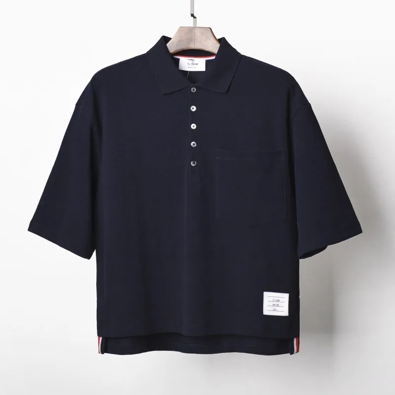 

TB THOM 2021 men's loose style short sleeve polo shirts wirg pocket Pearl fabric summer causal polo shirts men white gray blue