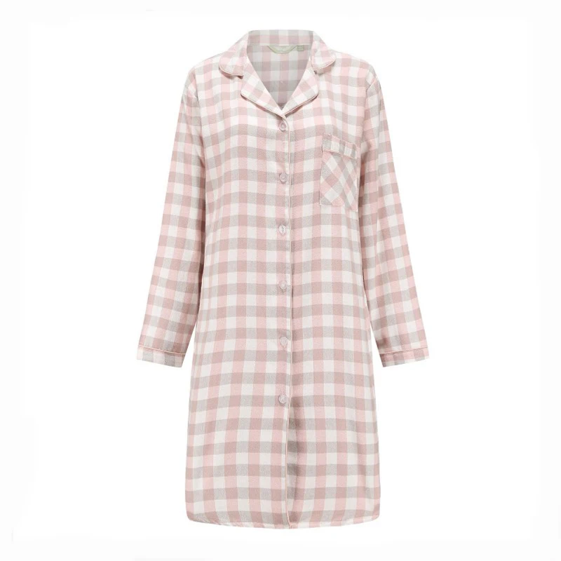 Khaki Plaid Клетчатая Хлопковая женская домашняя одежда в полоску, домашняя одежда с длинным рукавом, ночная рубашка на пуговицах, женская ночная рубашка на весну и лето, женская ночная рубашка - Цвет: Khaki Plaid