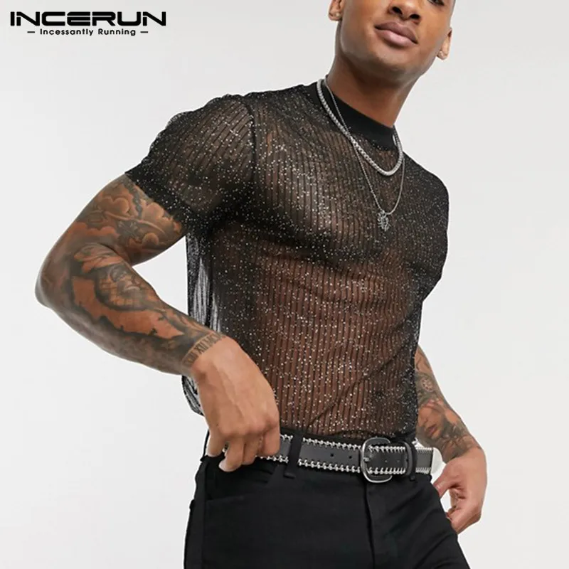 

INCERUN 2022 Fashion Men Mesh T Shirt See Through Breathable Short Sleeve Slim Shiny Party Nightclub Sexy T-shirts Thin Camiseta