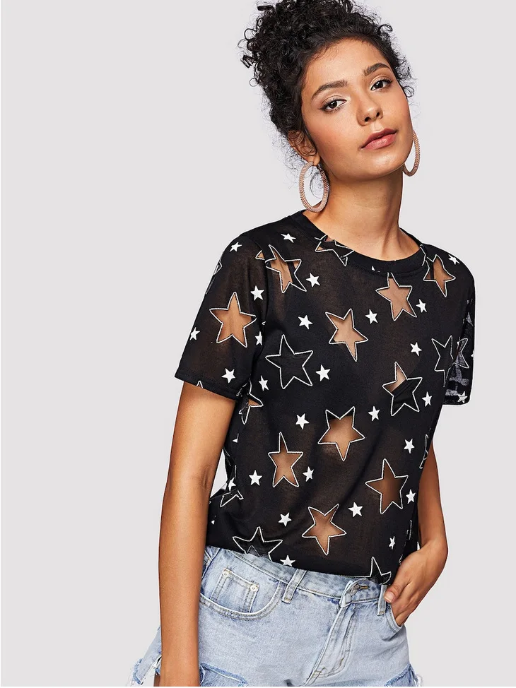 Летняя женская Свободная Повседневная футболка Сексуальная с вырезами в стиле