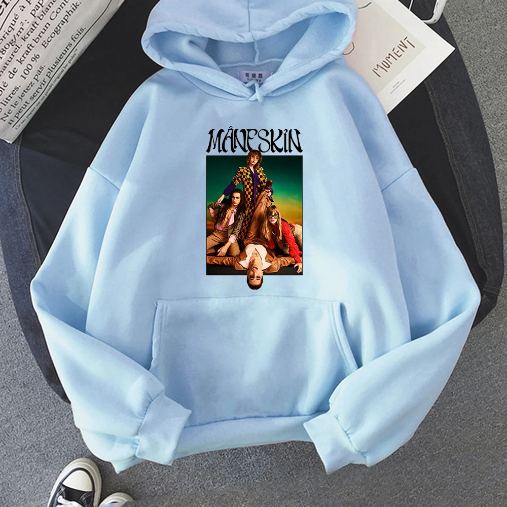 Italian Band Maneskin Print Graphic Hoodie Women Sweetshirt Hip Hop Streetwear Light Green Clothes Funny Sudaderas Casual Hoody