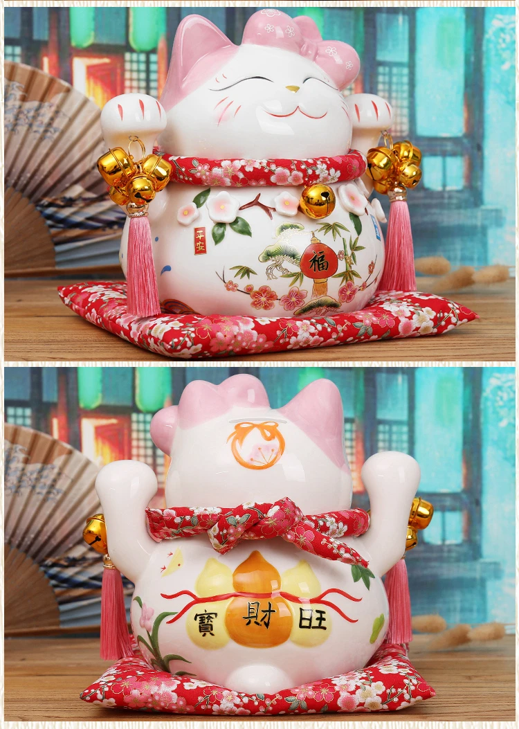 Мультяшная Статуэтка Maneki Neko Oranment, керамическая фигурка счастливого кота, розовый галстук-бабочка, статуя кота Фортуны, Домашняя Декоративная копилка, копилка
