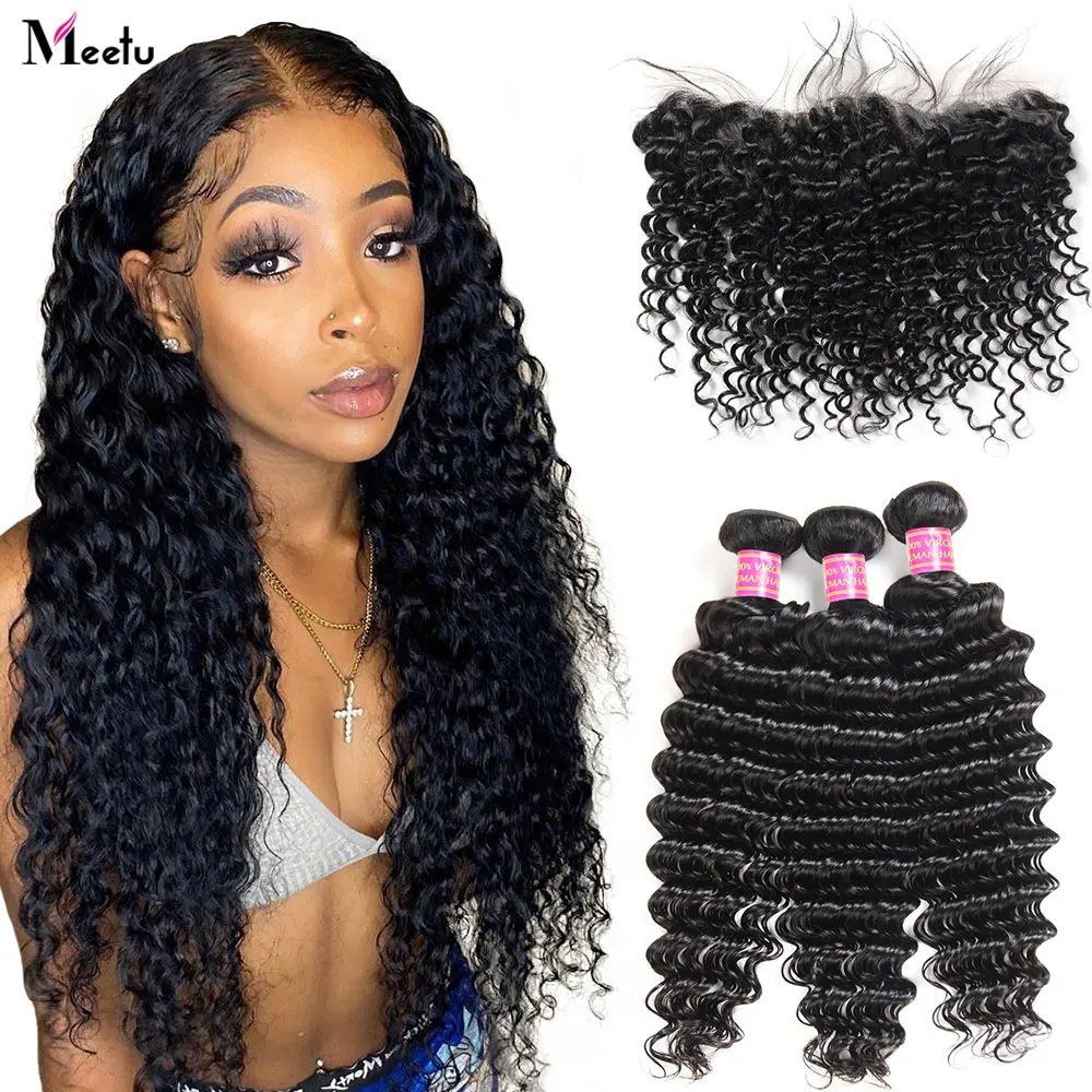 Meetu глубокая волна пряди с фронтальной 100% человеческие волосы застежкой
