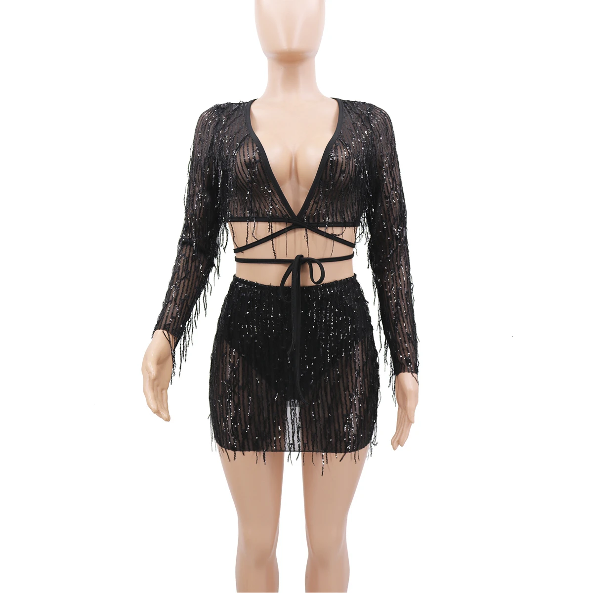 Сетчатое платье с блестками и кисточками женское длинным рукавом глубокий