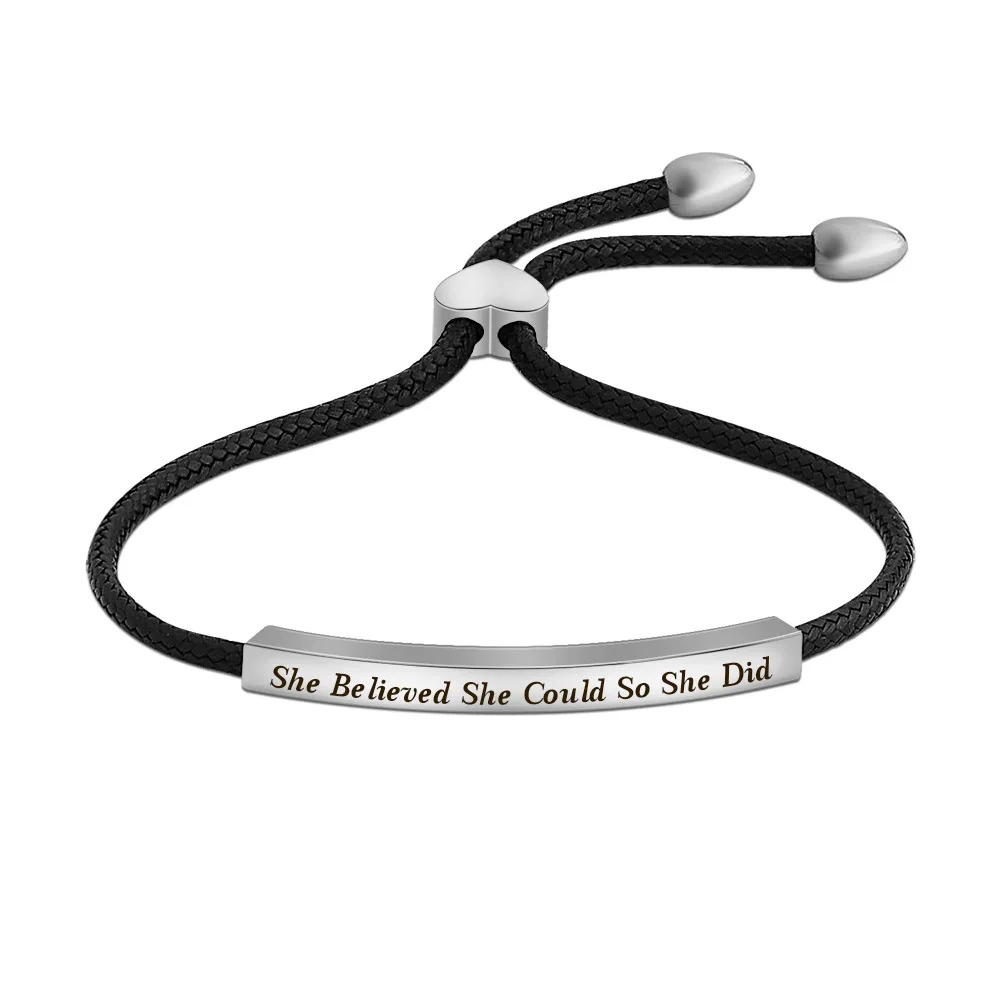 

2021New Inspirational Stainless Steel Bracelet "She Believed She Could So She Did "Lettering Braided Rope Bracelet Women Jewelr