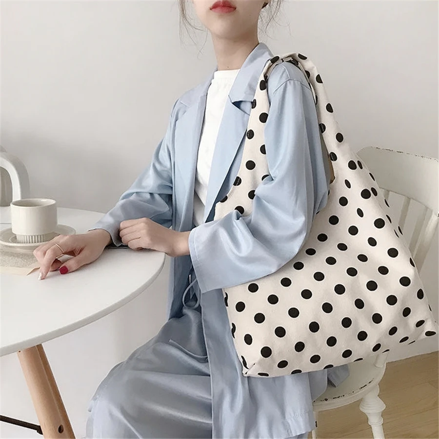 Women Canvas Shoulder Bag High-capacity Girls Students School Book Package Dot Black White Portable Ins Fashion Casual