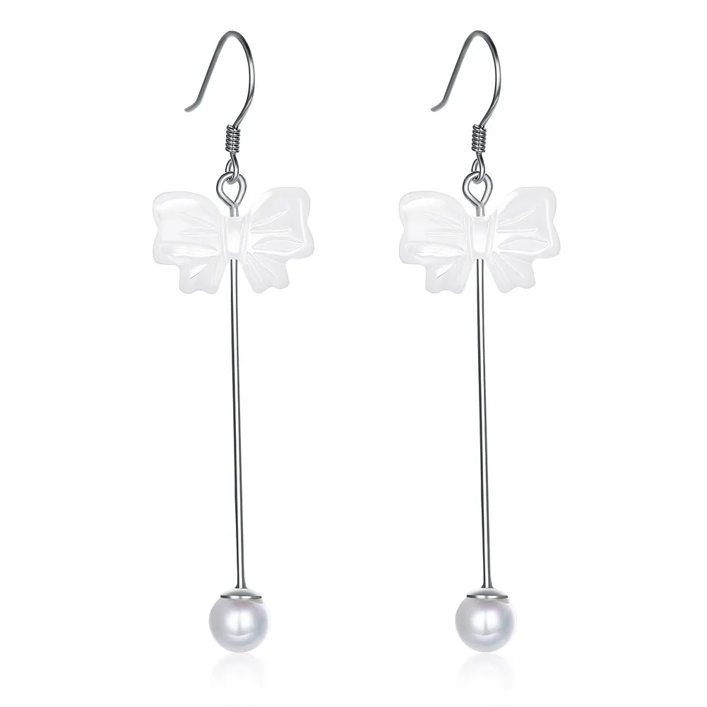 

SILVERHOO 925 Sterling Silver Long Tassel Shell Pearl Earrings For Women White Bowknot Drop Earring Elegant Party Prom Jewelry