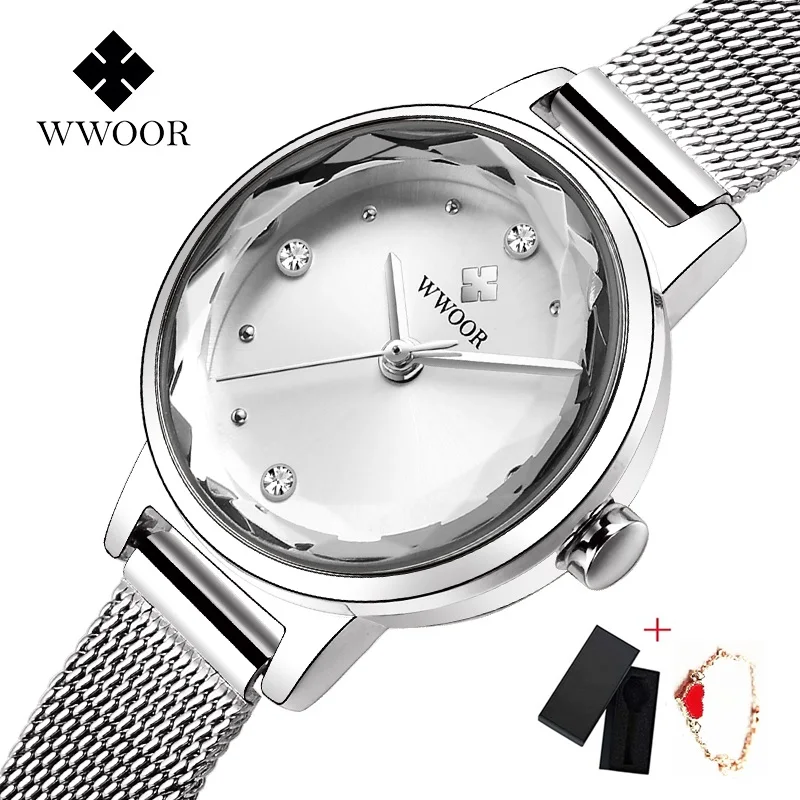 Silver White WWOOR, роскошные женские часы из розового золота, водонепроницаемые женские кварцевые часы из нержавеющей стали с сетчатым ремешком, повседневный браслет, Подарочная коробка - Цвет: Silver White