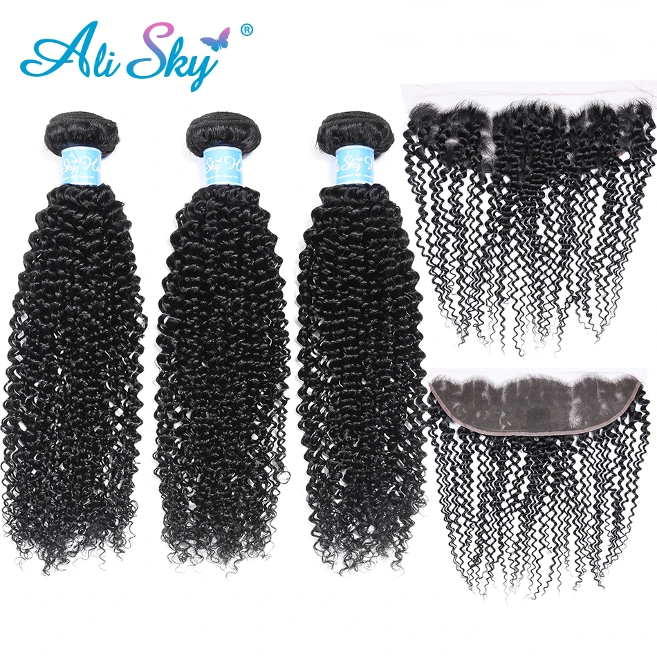 

Alisky Brazilian 3 bundles Afro kinky curly Hair With A 13*4 Lace Frontal Human Hair Weave Bundles Brazilian Remy Hair Wholesale