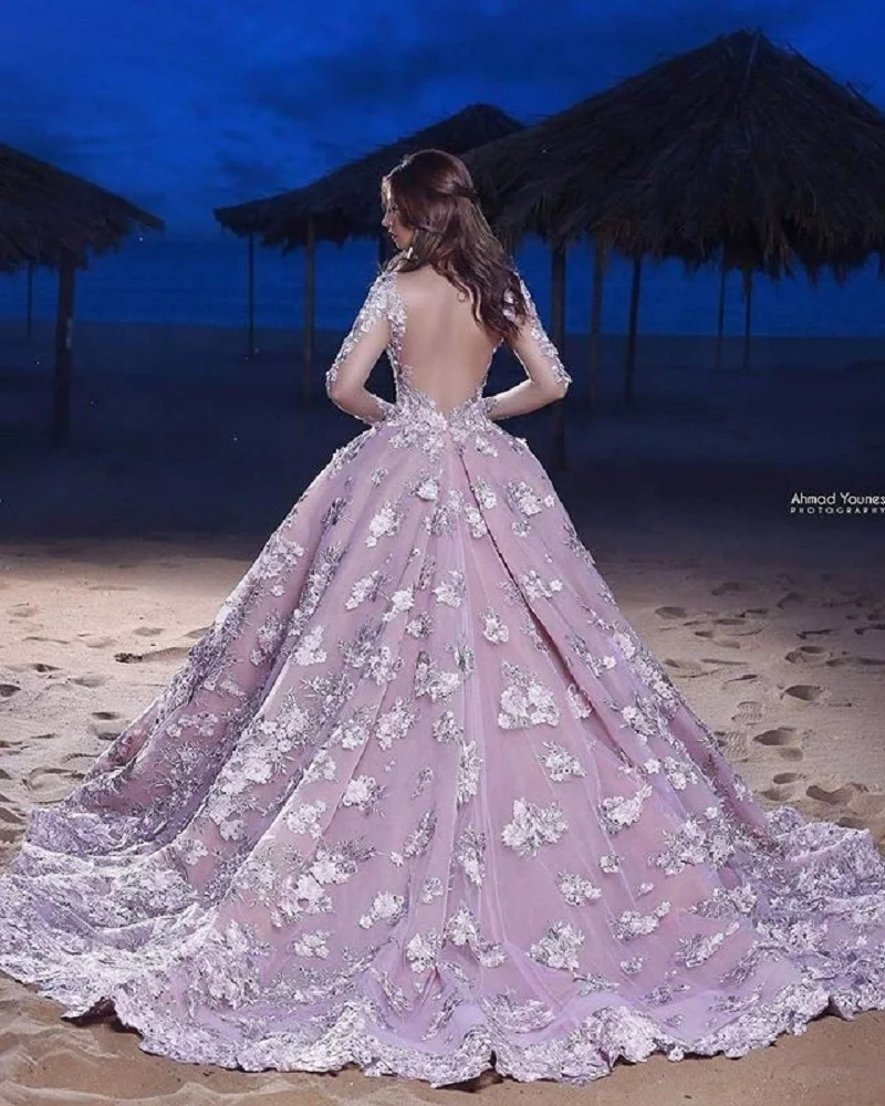 

Ladies Lace Applique Pink Prom Dress Sexy Plunging V Neck Backless Evening Dresses Long Sleeve Beaded Illusion Puffy Ball Gown
