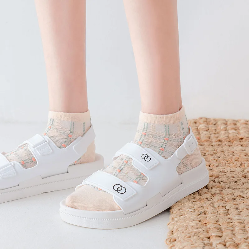 

New Ankle Short Socks Women's Slippers Cartoon Grid Kawaii Funny Harajuku Boat Socks Japanese Style For Girl Gift