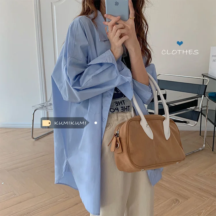 Дизайнерская синяя рубашка Длинный топ Bf Wind женская летняя Корейская Свободная с