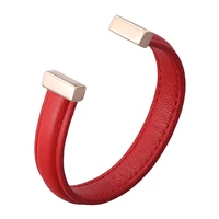 red genuine leather open cuff bracelet couple jewelry rose gold color stainless steel women bangles men wristband gift sp0990r