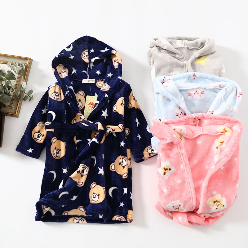

Coral Fleece Winter Long Sleeve Warm Bathrobe Thick Children Homewear Cute Boys Girls Clothing Hooded Sleepwear Nightwear