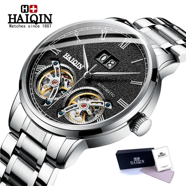 Silver black Горячая HAIQIN, мужские часы от ведущего бренда, роскошные высококачественные автоматические механические Спортивные часы, мужские наручные часы, Tourbillon часы, Reloj hombres - Цвет: Silver black