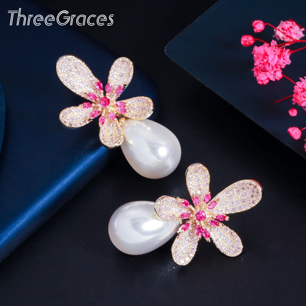 

ThreeGraces Exquisite Flower Shape Cubic Zirconia Big Dangling Simulated Pearl Earring for Women Wedding Costume Jewelry ER590