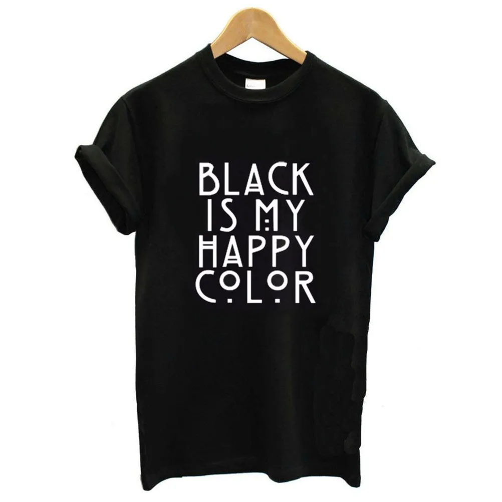 Black Is My Happy женская футболка с принтом летняя короткий рукав Harajuk белая/черная Crewncek