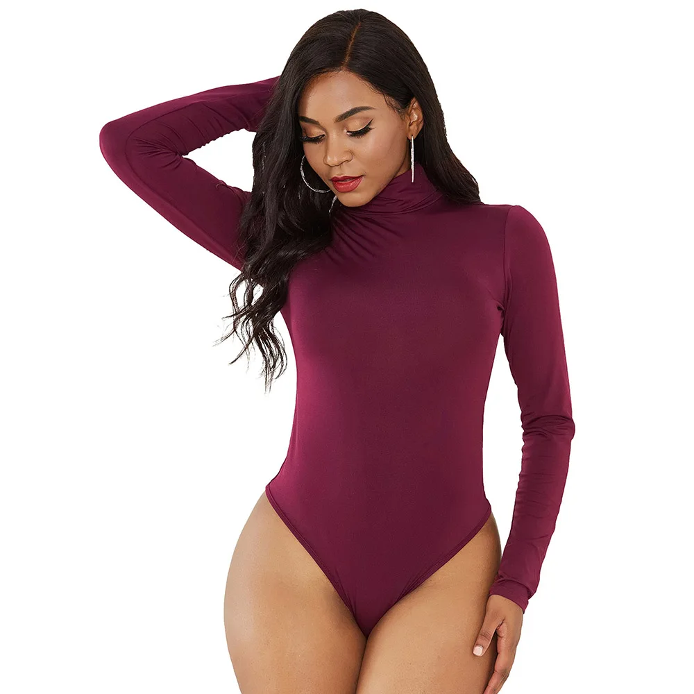 2019 хлопок длинный рукав женский сексуальный комбинезон высокая горловина