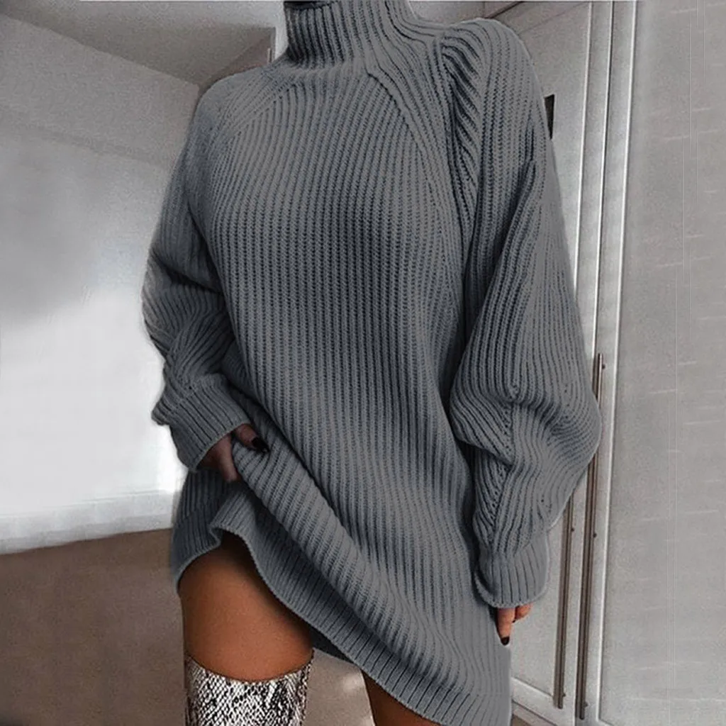 Loose knit sweater dress Fashion women Solid color high neck Long Sleeve Turtleneck Winter Pullover Sweater Dress#guahao | Женская