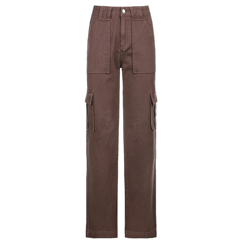 

Women's Casual Pants Straight Pants Women 2021 New Women's Pants European and American Style Retro Brown Pocket High Waist Jeans