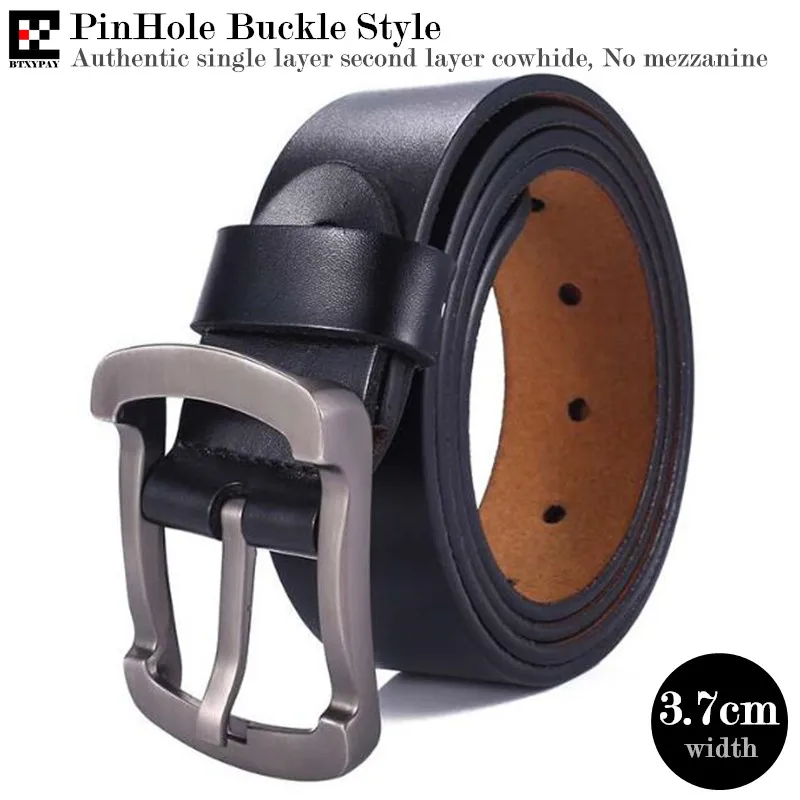 

Authentic 3.7cm Width Men Genuine Leather Belts,Second Layer Cowhide PinHole Smooth Buckle Waistband,with Belt Buckle 115-125cm