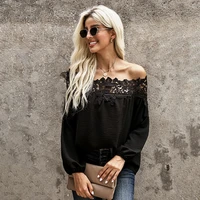 2021 spring and summer new lace stitching twill collar sweater casual top ladies lantern long sleeved top chiffon shirt women