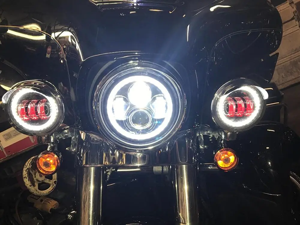 

7inch Halo LED Headlight +4.5" Fog Lights with 7" Bracket Mounting Ring for Touring Electra Glide Road King Street Glide