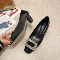 square buckle high heels womens shoes spring summer new thick heeled rhinestone shallow mid heel women pumps