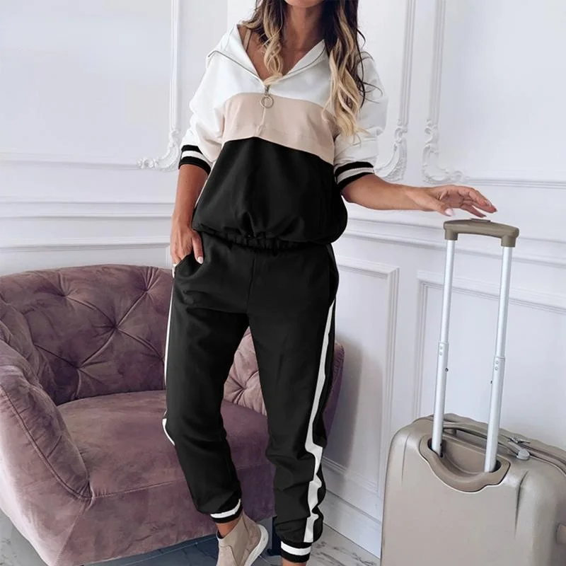 

Autumn Hooded Tracksuit Women 2 Piece Set Fashion Long Sleeve Zip Sweatshirt + Pocket Long Pants Suits Stripe All-Match Outfits
