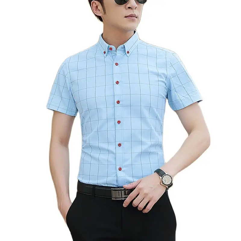 

2021 Men's Plaid Dress Shirts short Sleeve Male High Quality Slim Fit Business Casual Shirt Plus Size M-5XL