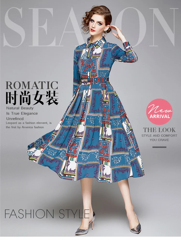 

2019 Spring Women Dresses Party Night Turn-down Collar Long Sleeve Mid-Calf Dresses Print Loose Office Lady Elegent Blue Dress