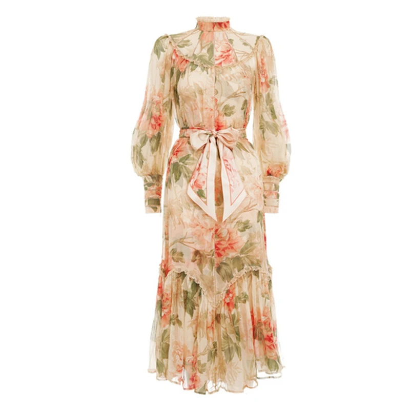 Женское платье с цветочным принтом пышное рукавом-стойкой и бантом новинка 2019 |