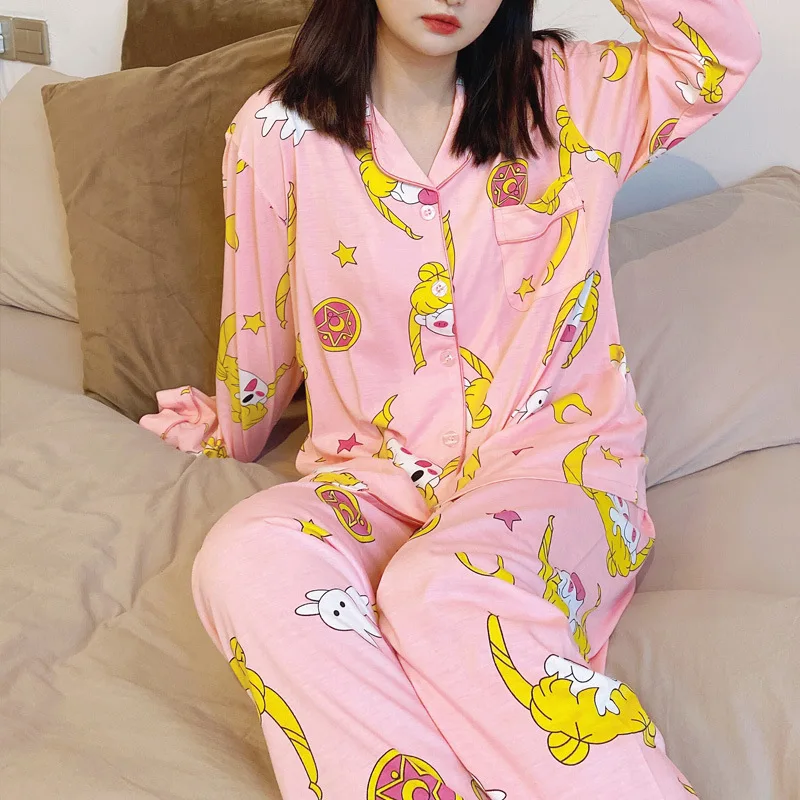 

Cute Sailor Moon Print Pajama Sets Cotton Long Sleeve Pyjamas Women Pink Sleepwear Female Mujer Loose Homewear Nightsuit