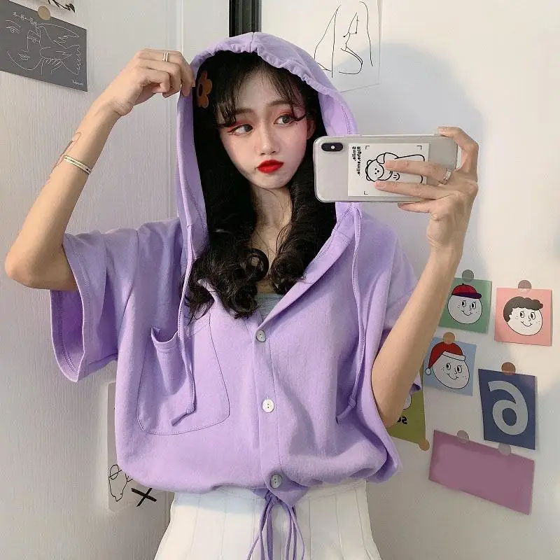 

2021 Summer New Casual V-neck Super Large Korean Version Of Simple Hooded Top Women Harajuku Loose Student Short T-shirt Women
