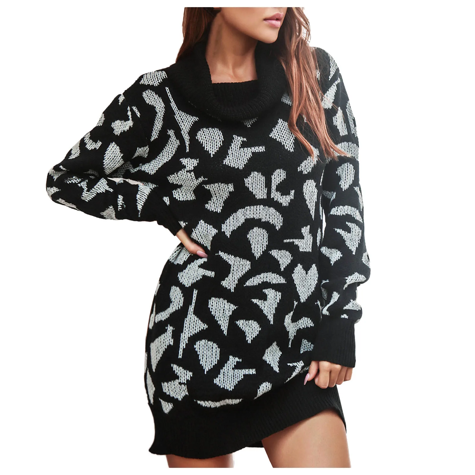 

Women Casual Leopard Print Sweater Dress Turtleneck Long Sleeve Loose Mini Dresses Autumn Winter Warm Pullovers Sweater Dress