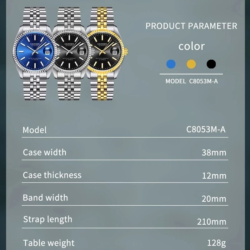 

CADISEN Men's Watch Top Brand Wristwatches Men's Automatic Date Analog Period Sapphire Glass Waterproof Mechanical Wristwatches