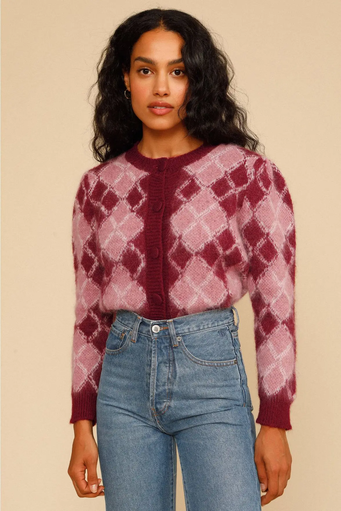 

Autumn and Winter 2021 New Vintage Plaid Jacquard Mohair Knitted Round Neck Sweater Cardigan