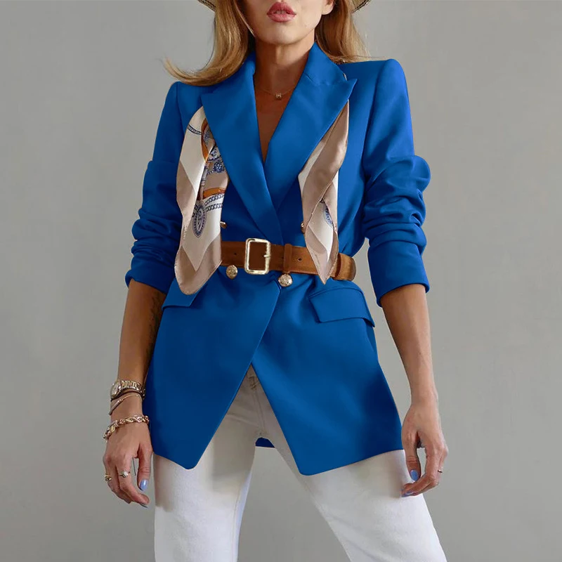 

Spring Khaki Long Sleeve Belt Women Blazer Notched Double Breasted Pockets Female Coats Solid Office Elegant Lady Suit Jackets
