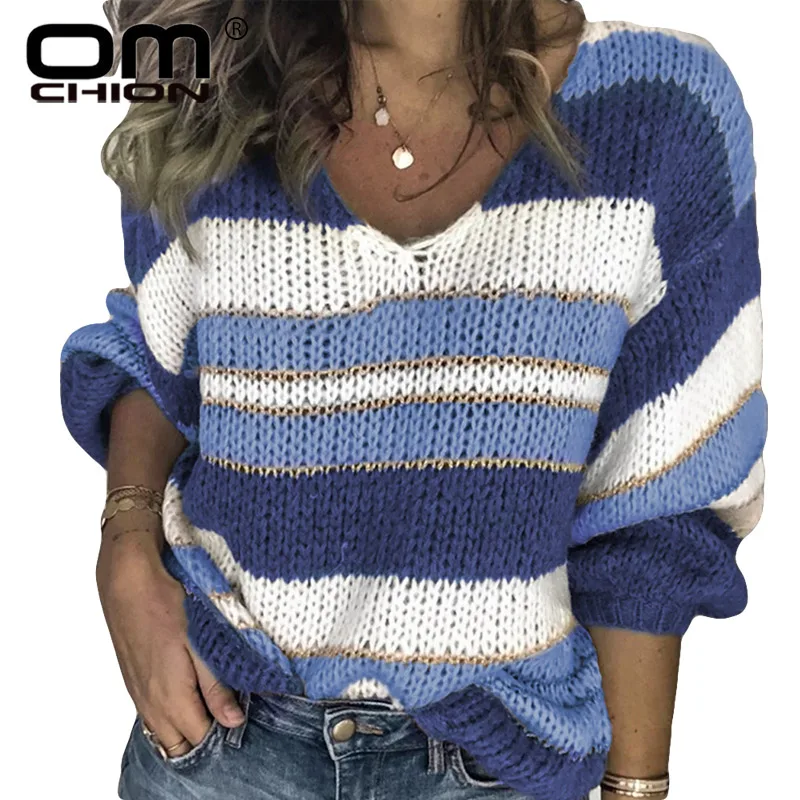 Женский трикотажный пуловер OMCHION Pull Femme повседневный винтажный в полоску с